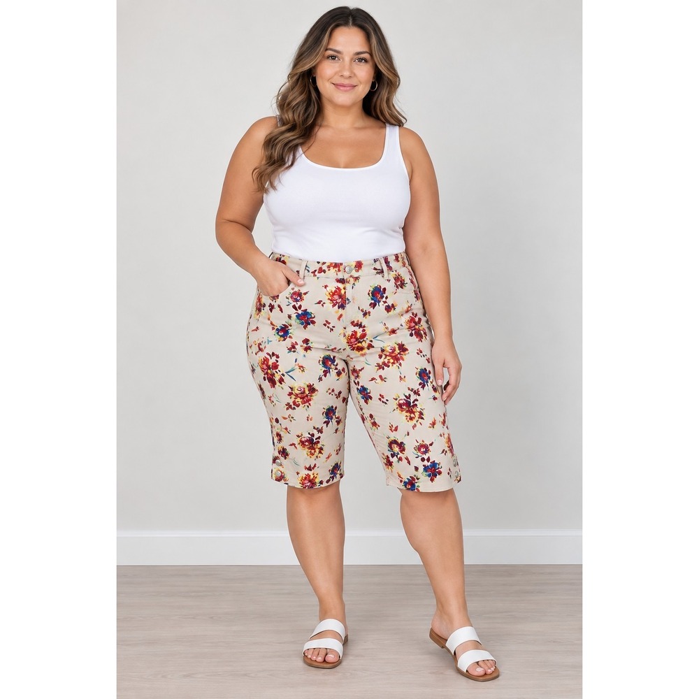 Gloria Vanderbilt Women's 16 Floral Bermuda Shorts Multicolor Cotton Stretch